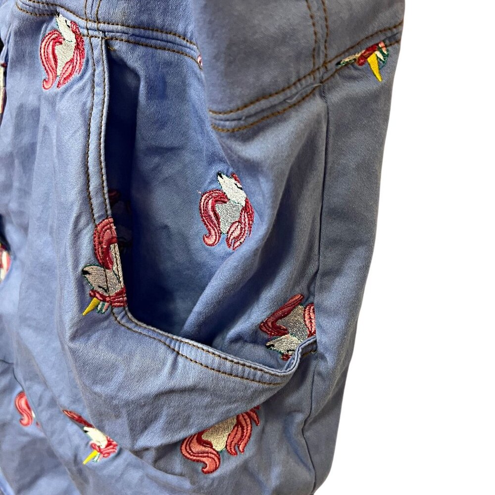 Unique Vintage Periwinkle Denim Mini Dress Embroidered Unicorn Overalls Size 3X - Picture 9 of 11